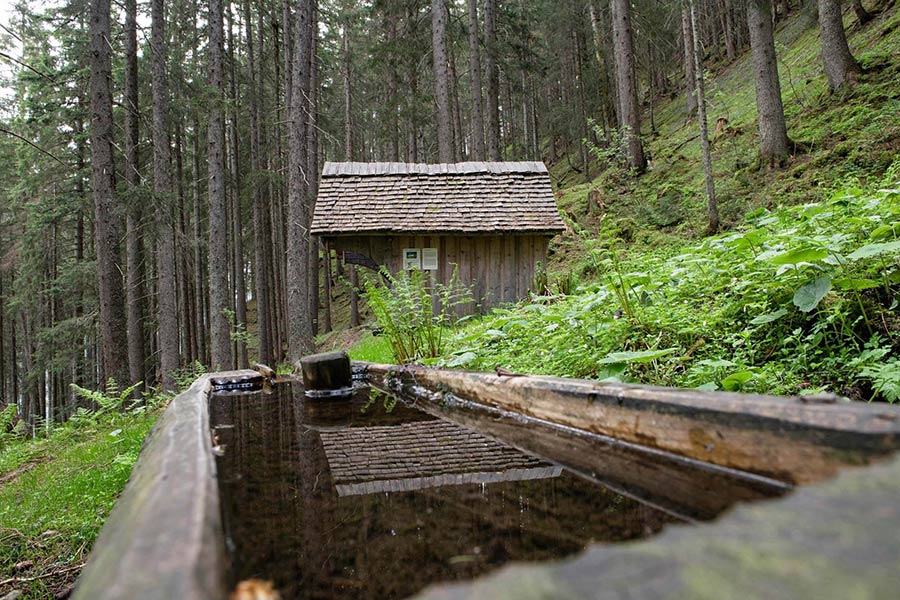 Die Waldkapelle Bruderhüsli mir einen kleinen Wasserwanne