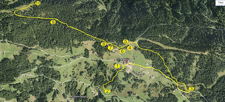 Übersichtskarte mit allen Kraftplätzen und Steinsetzungen am Kristberg im Silbertal – energetische Orte auf dem Genießerberg im Montafon in den österreichischen Alpen.
